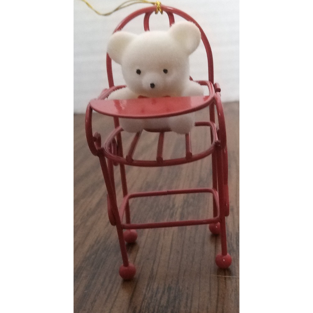 Avon White Teddy Bear In Red High Chair Christmas Ornament